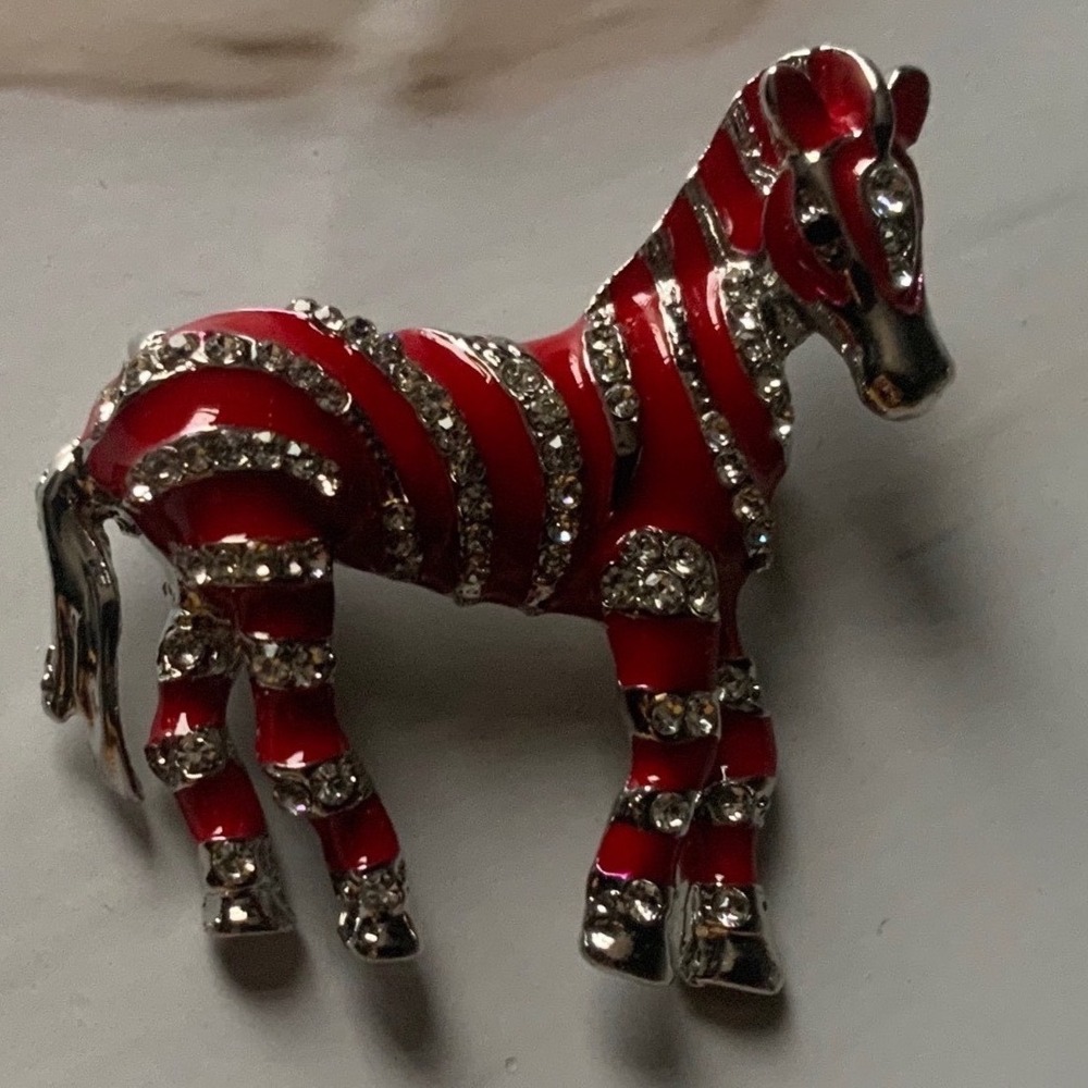 Red & Silver Enamel Zebra Brooch Pin Clear Rhinestone Accents